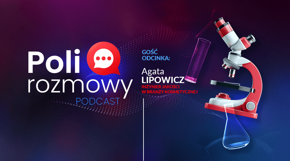 grafika odcinka podcastu polirozmowy z ilustracją mikroskopu i naczyń laboratoryjnych
